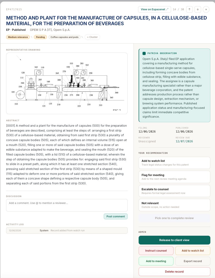 Patriva CI record popup showing AI observation, recommendation buttons and discussion thread
