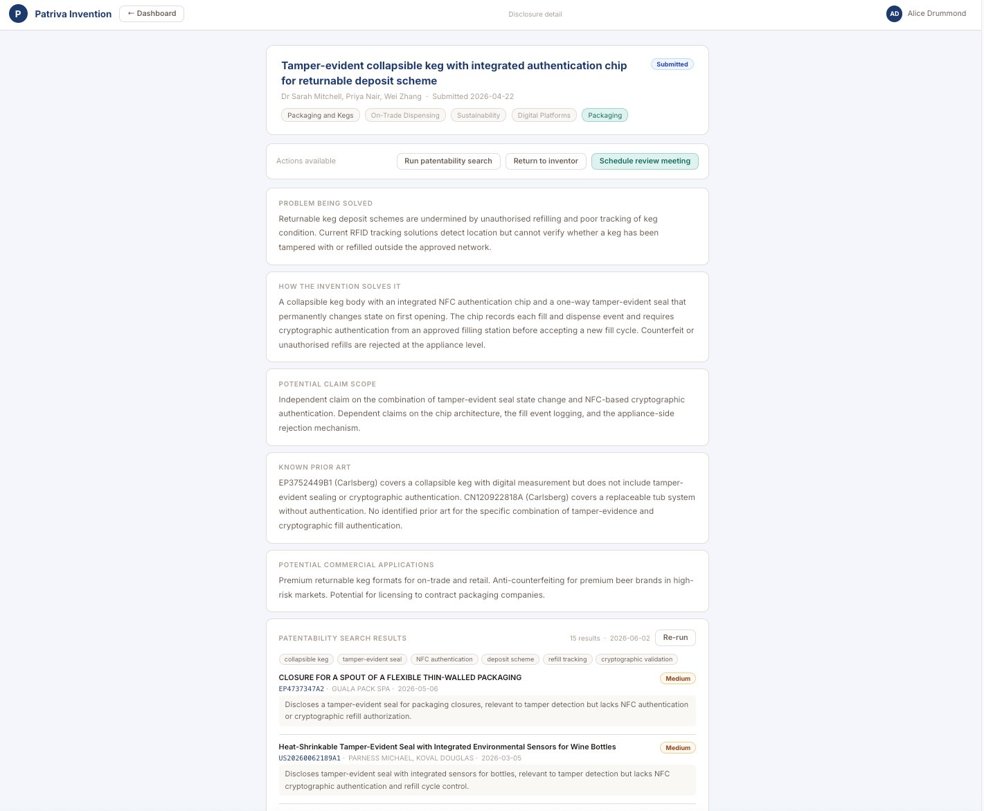 Patriva Invention disclosure detail screen showing action bar, disclosure fields, and patentability search results